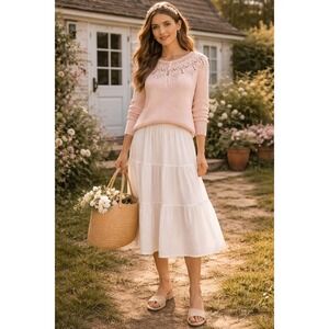 Cottagecore Prairie Pale Baby Pink Crochet Lace Pearls Vintage Knit M‎ Sweater